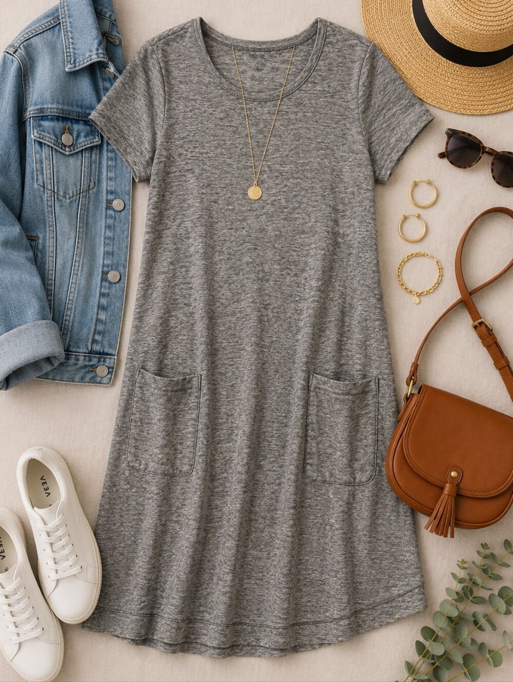 Eileen Fisher Heathered Gray Organic Cotton Hemp Shift Dress With Pockets